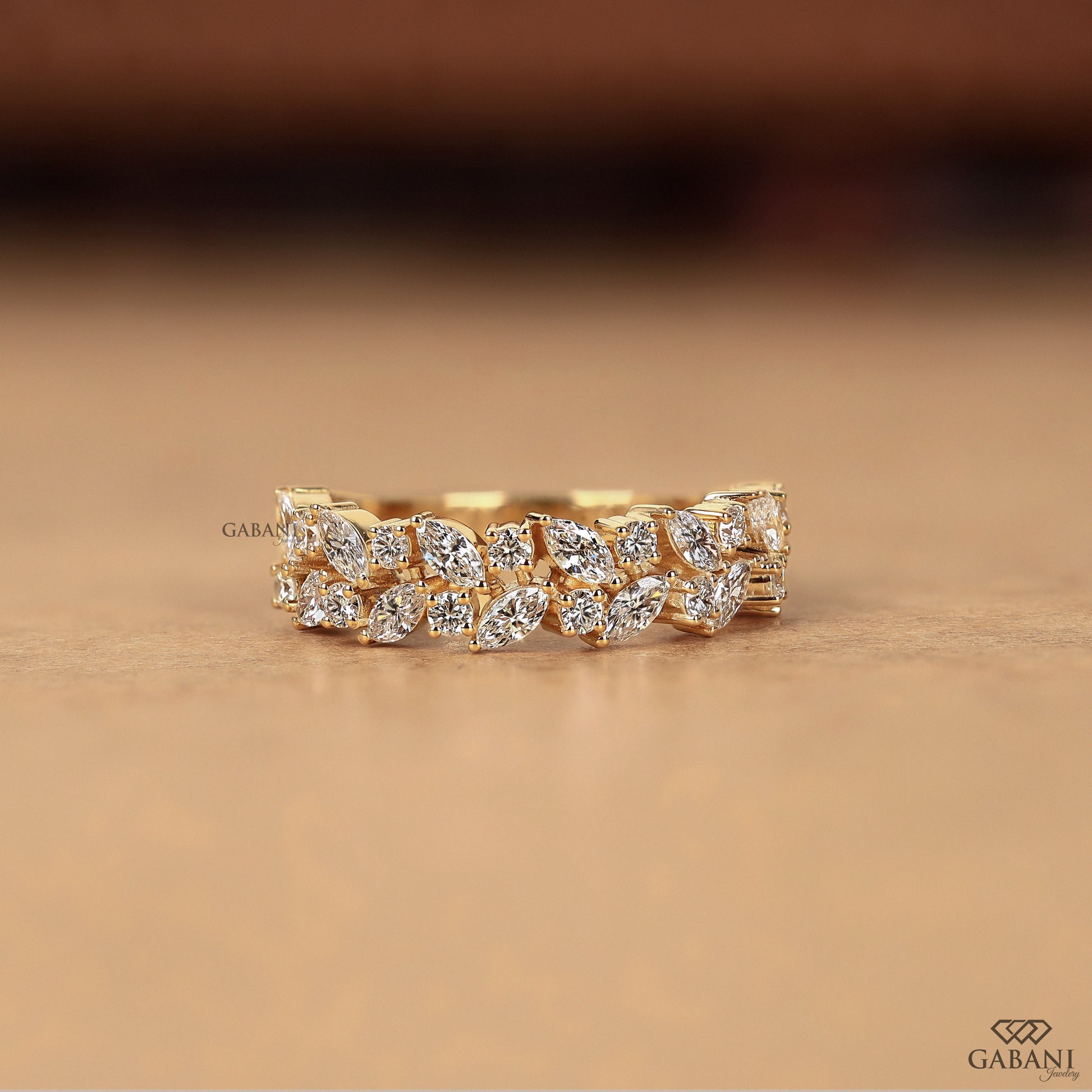 double row wedding band with marquise and round lab grown diamonds in solid gold half eternity design
