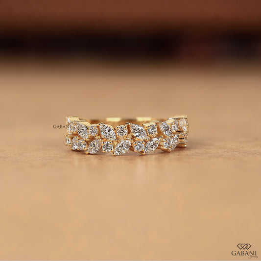 double row wedding band with marquise and round lab grown diamonds in solid gold half eternity design