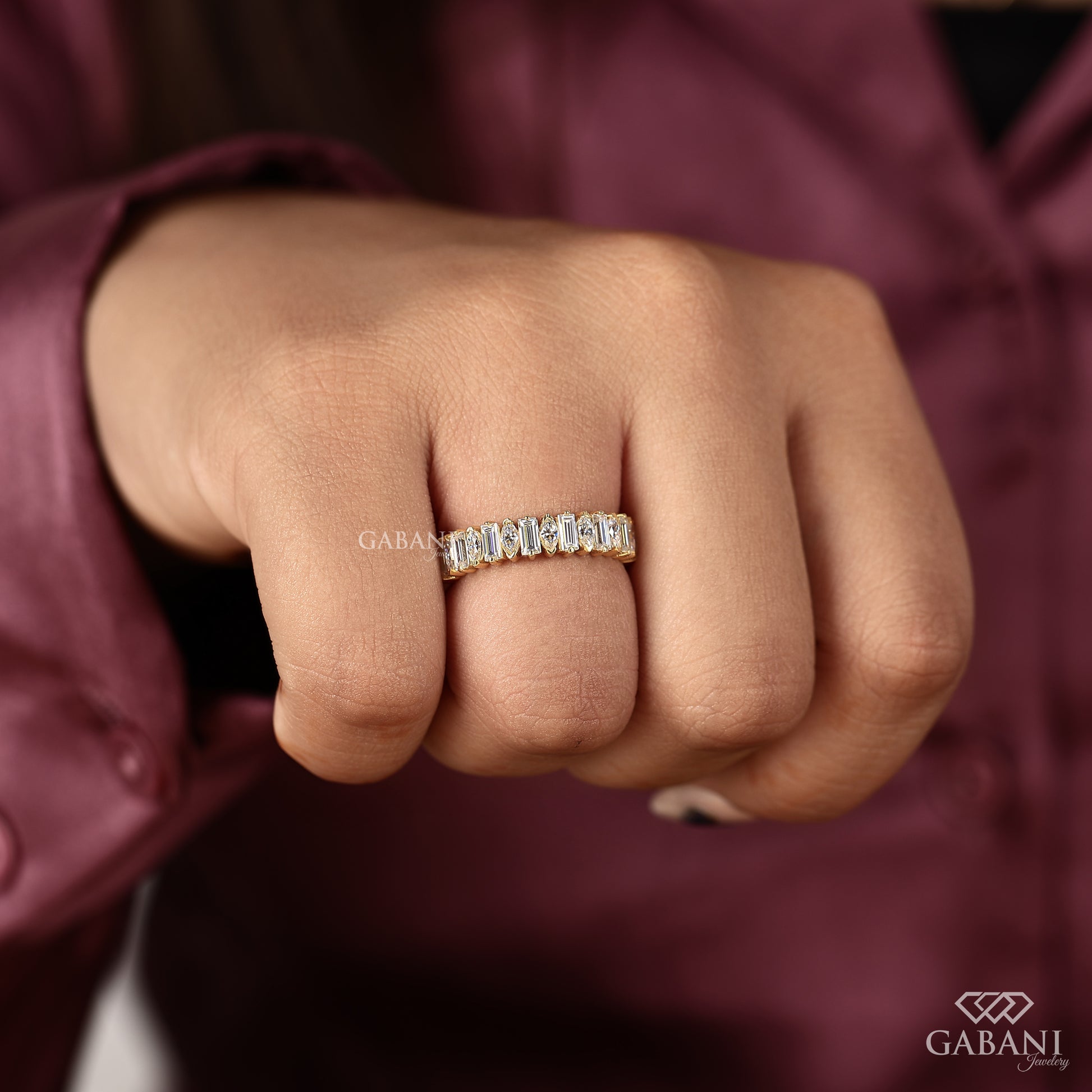 Lab grown diamond band with horizontal marquise and baguette layout