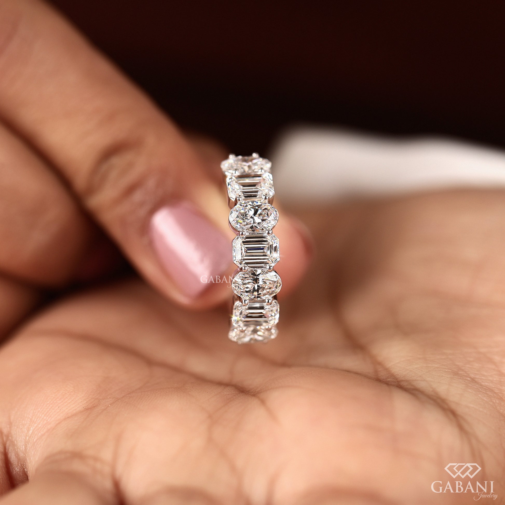 lab grown diamond half eternity band with alternating step and brilliant cuts