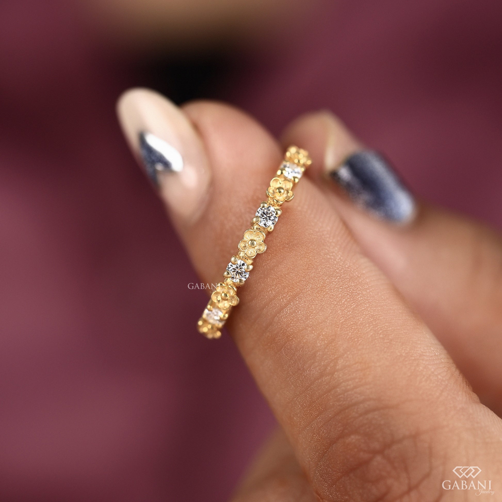 slim lab grown diamond band with a soft floral design and balanced half eternity coverage
