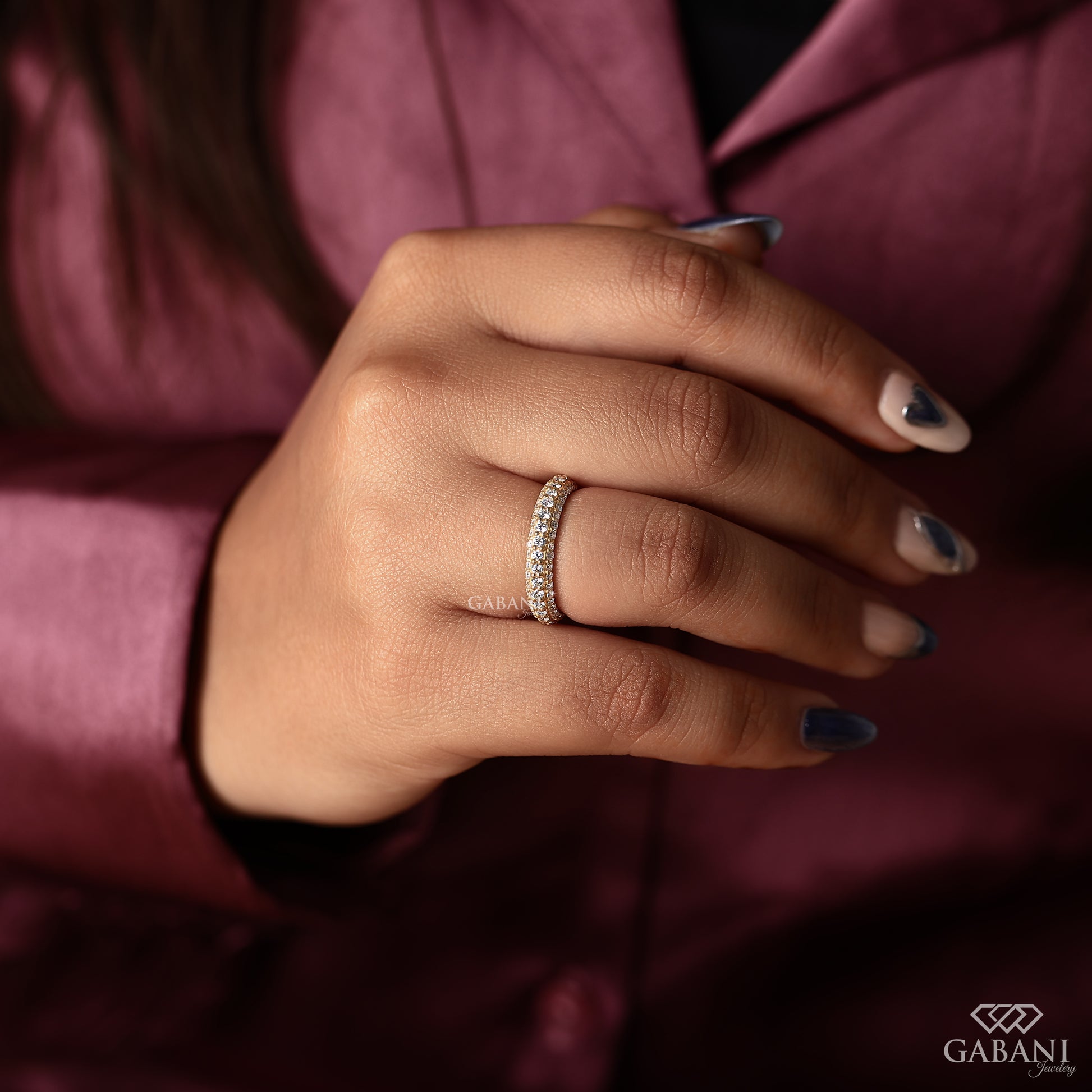 Micro pave three row wedding band with certified lab grown diamonds and a balanced, modern design