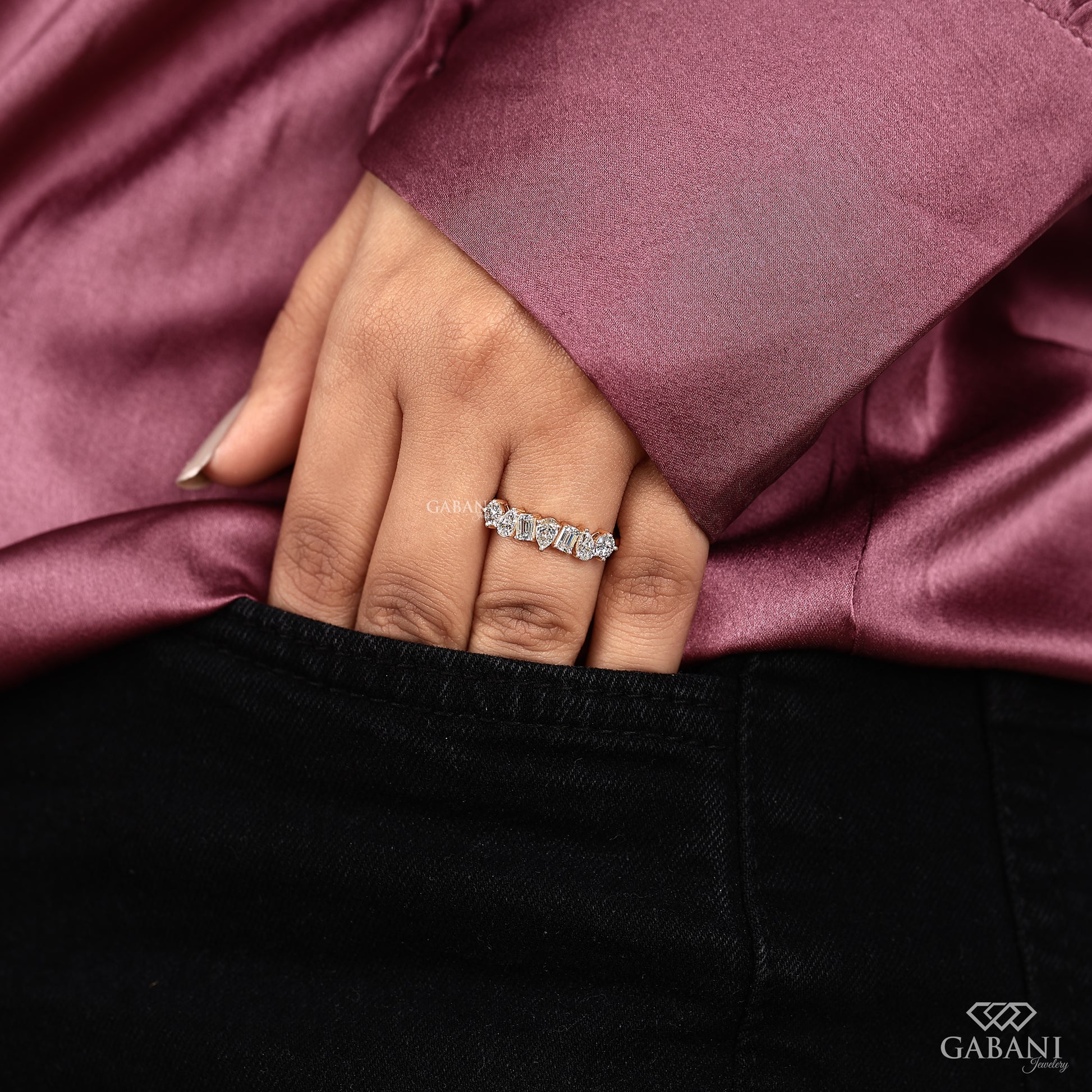 Everyday wear diamond band with mixed shape lab grown diamonds