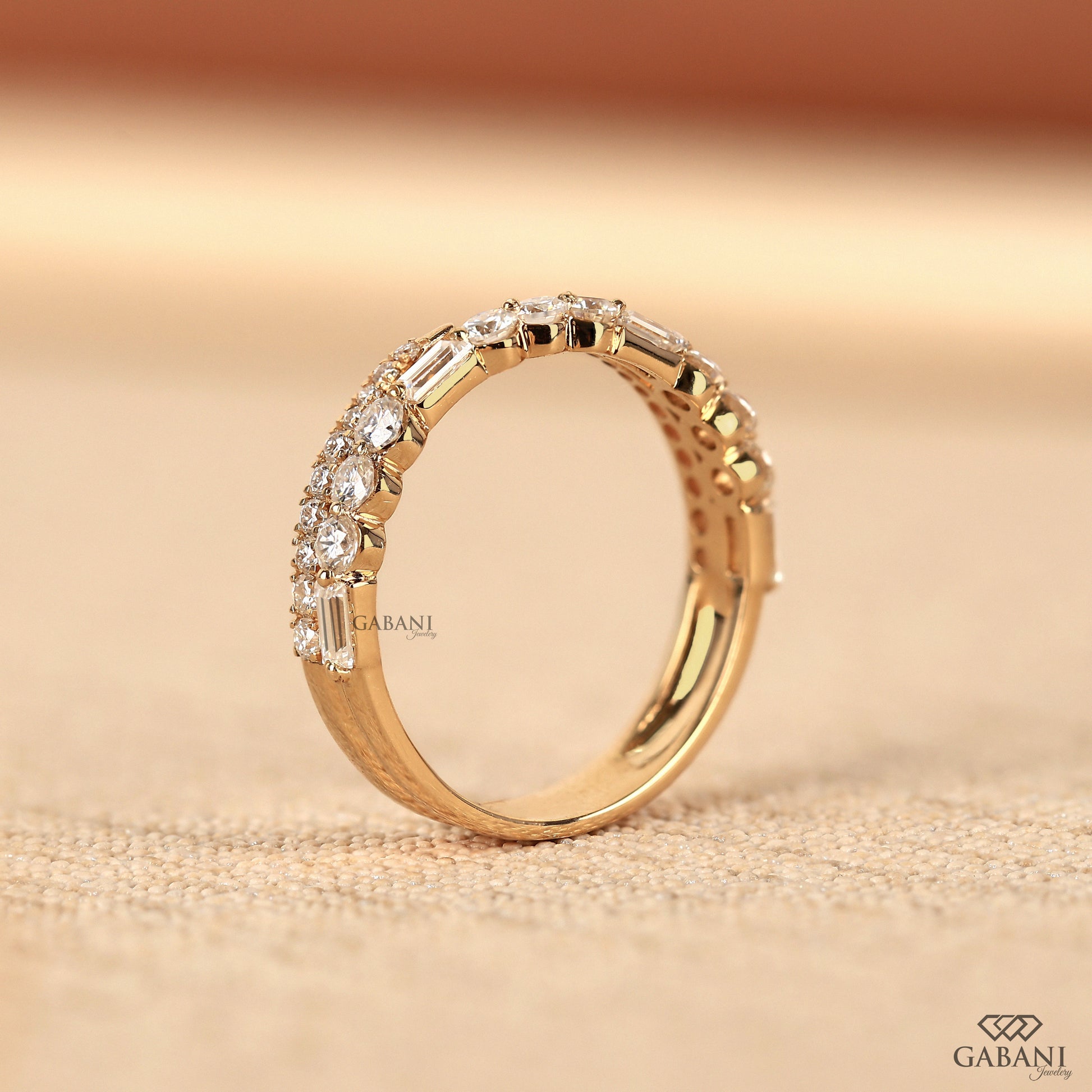 stackable lab grown diamond band with double row baguette and round stones