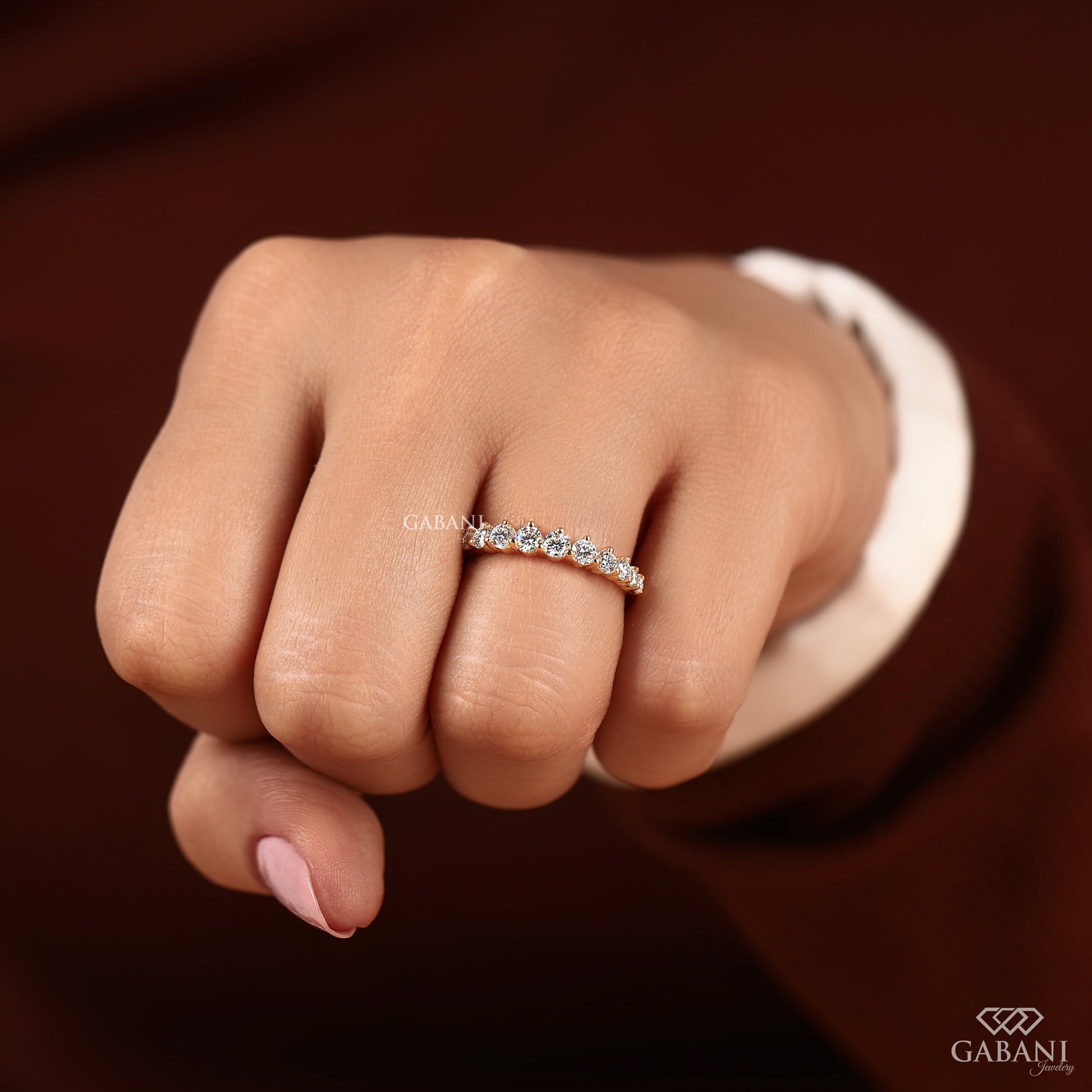 minimalist lab diamond band with round stones in solid yellow gold