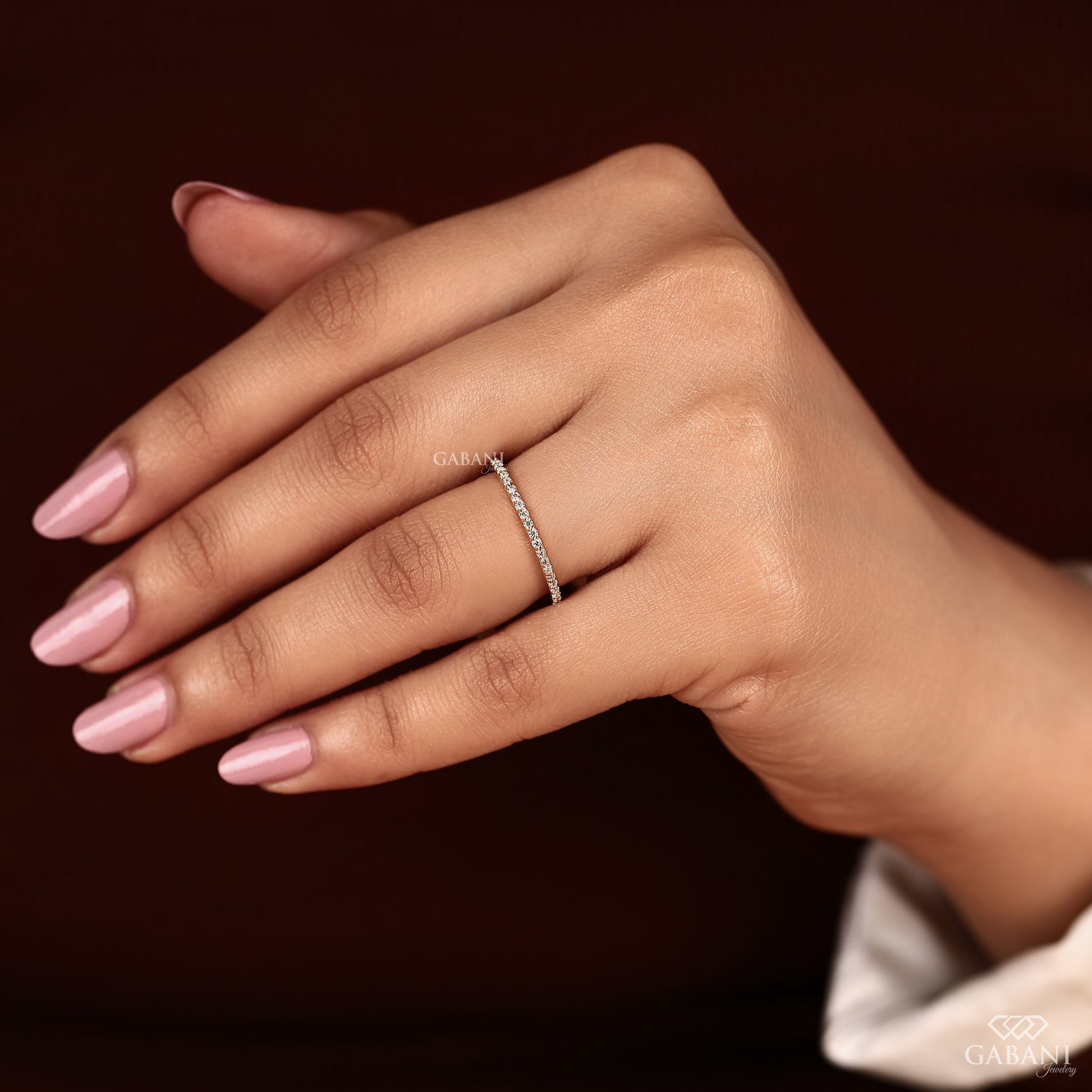 dainty round diamond stacking band in 14k gold, half eternity pave wedding ring