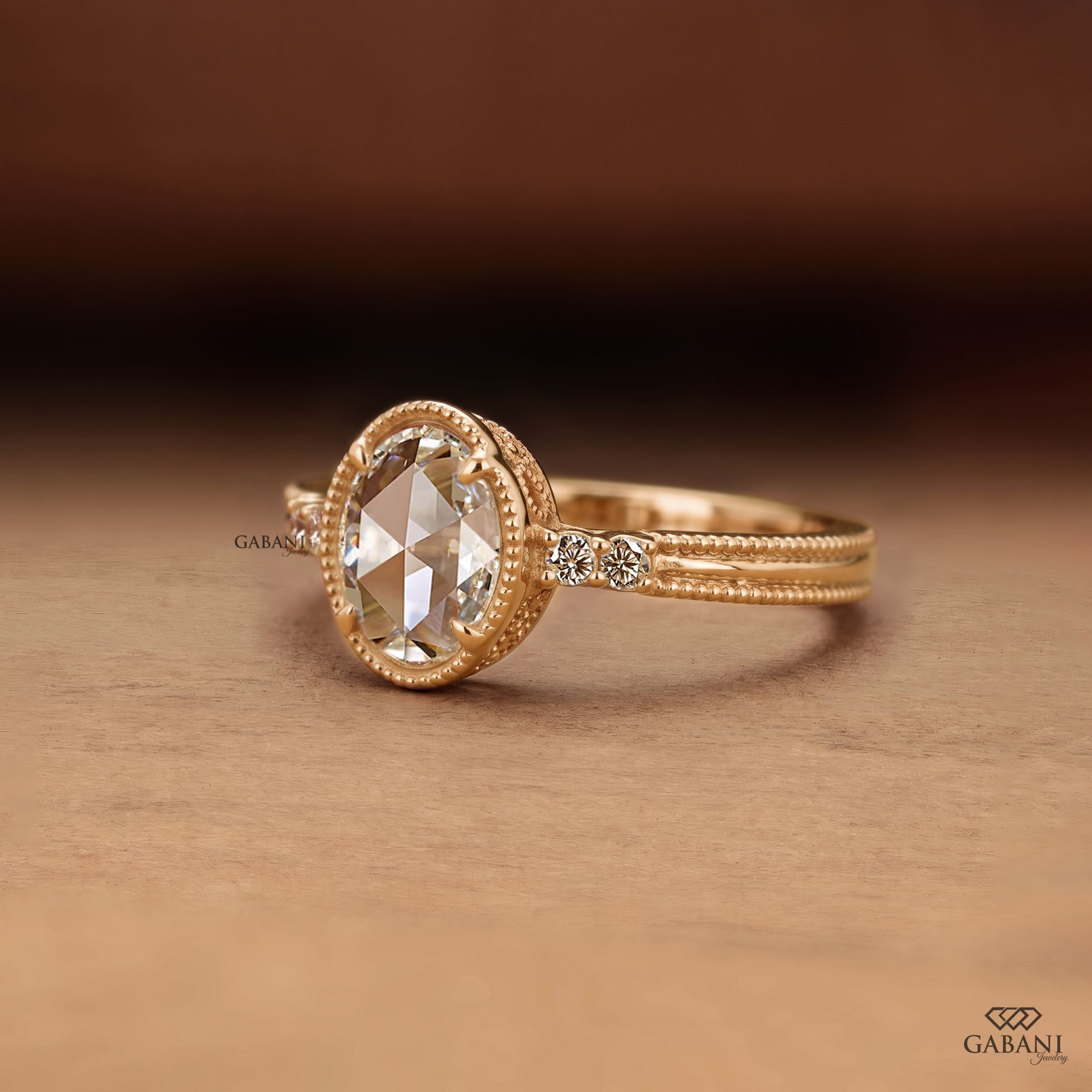 Oval rose cut lab grown diamond engagement ring with round side diamonds, vintage milgrain detailing and split shank design.