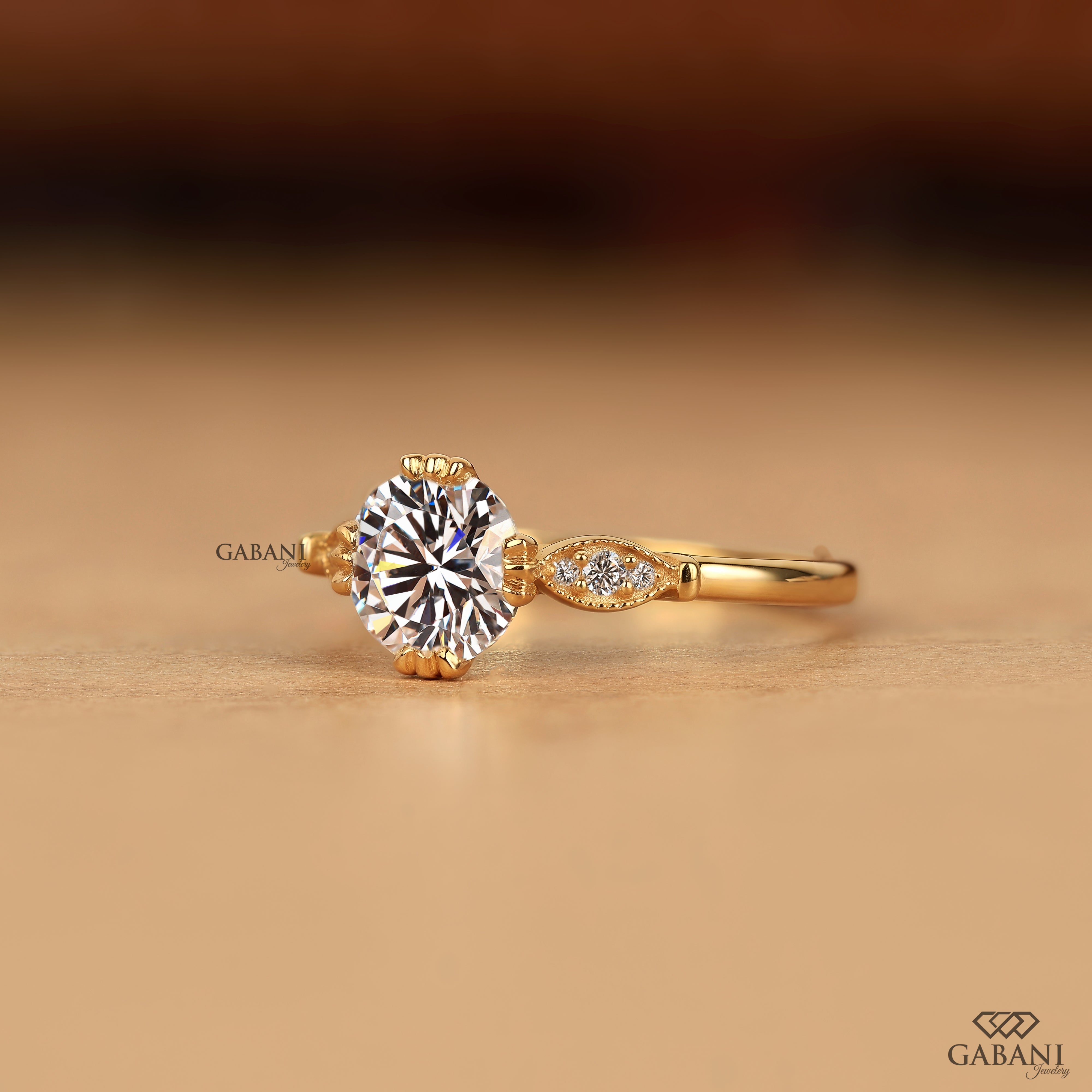 Gabani Jewelry round brilliant lab grown diamond ring with milgrain detailing