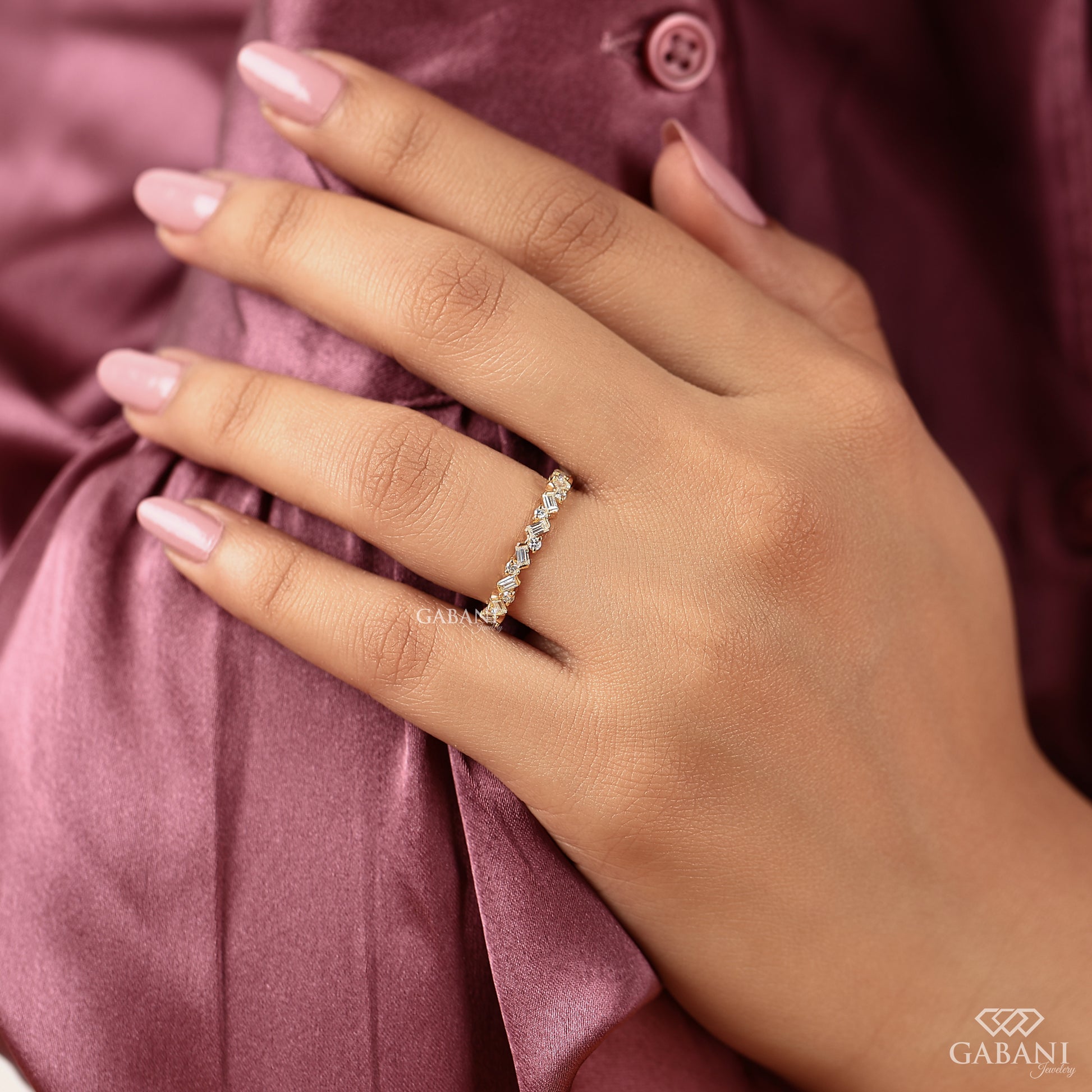 Minimal yellow gold wedding band with lab grown diamonds
