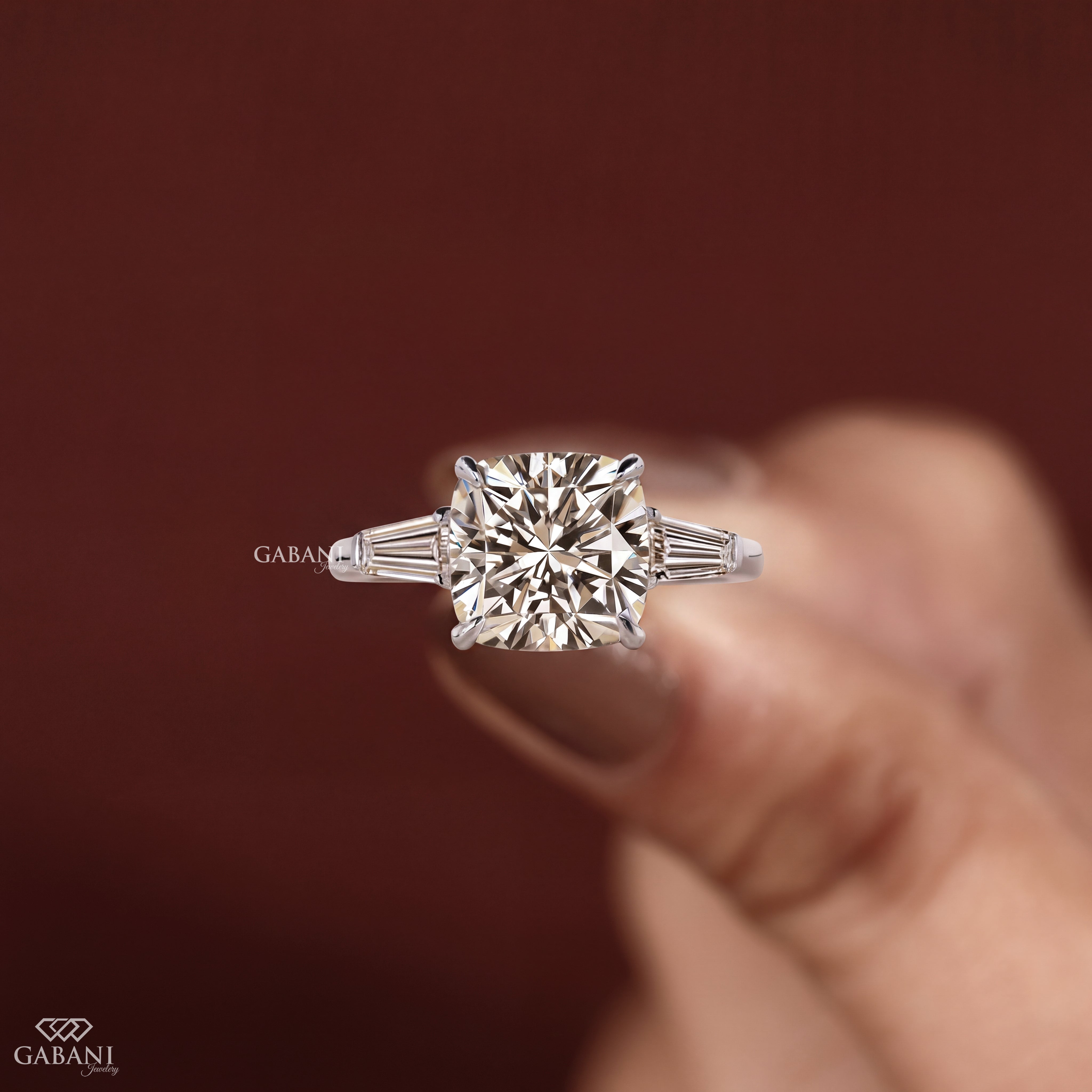 Cushion Cut Lab Grown Diamond Engagement Ring, Baguette Side Stone Bridal Ring