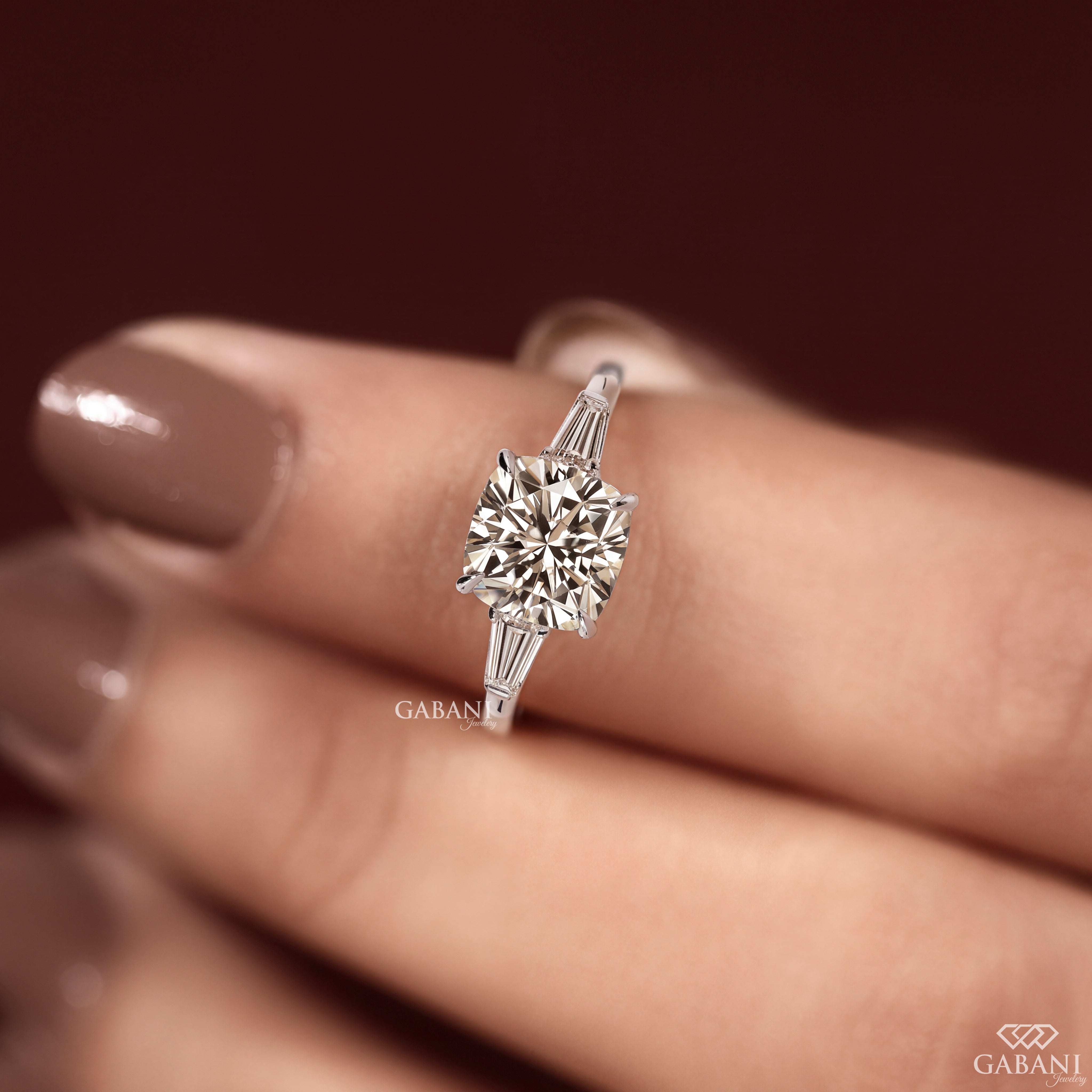 Cushion Cut Lab Grown Diamond Engagement Ring, Baguette Side Stone Bridal Ring