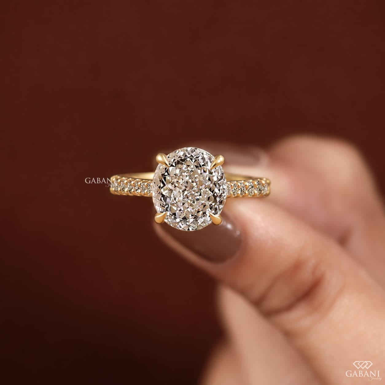 Round Portuguese Cut Solitaire Pave Engagement Ring in Yellow Gold