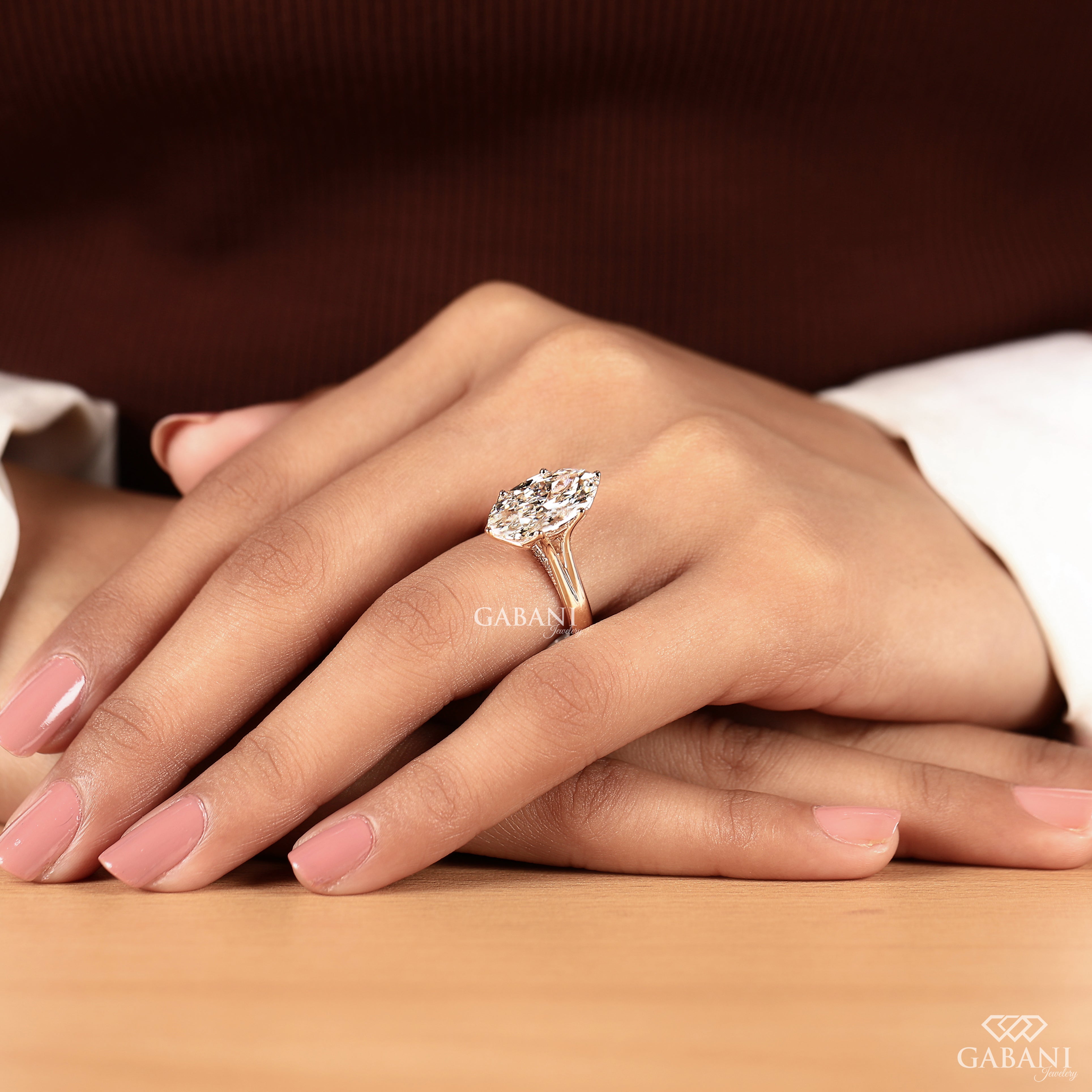 Split shank marquise lab created diamond engagement ring with milgrain accents