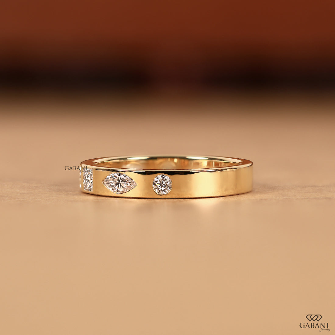 Flush set lab grown diamond band in solid 14K yellow gold featuring a flat comfort fit design that pairs naturally with engagement rings, bridal sets, and stackable bands.