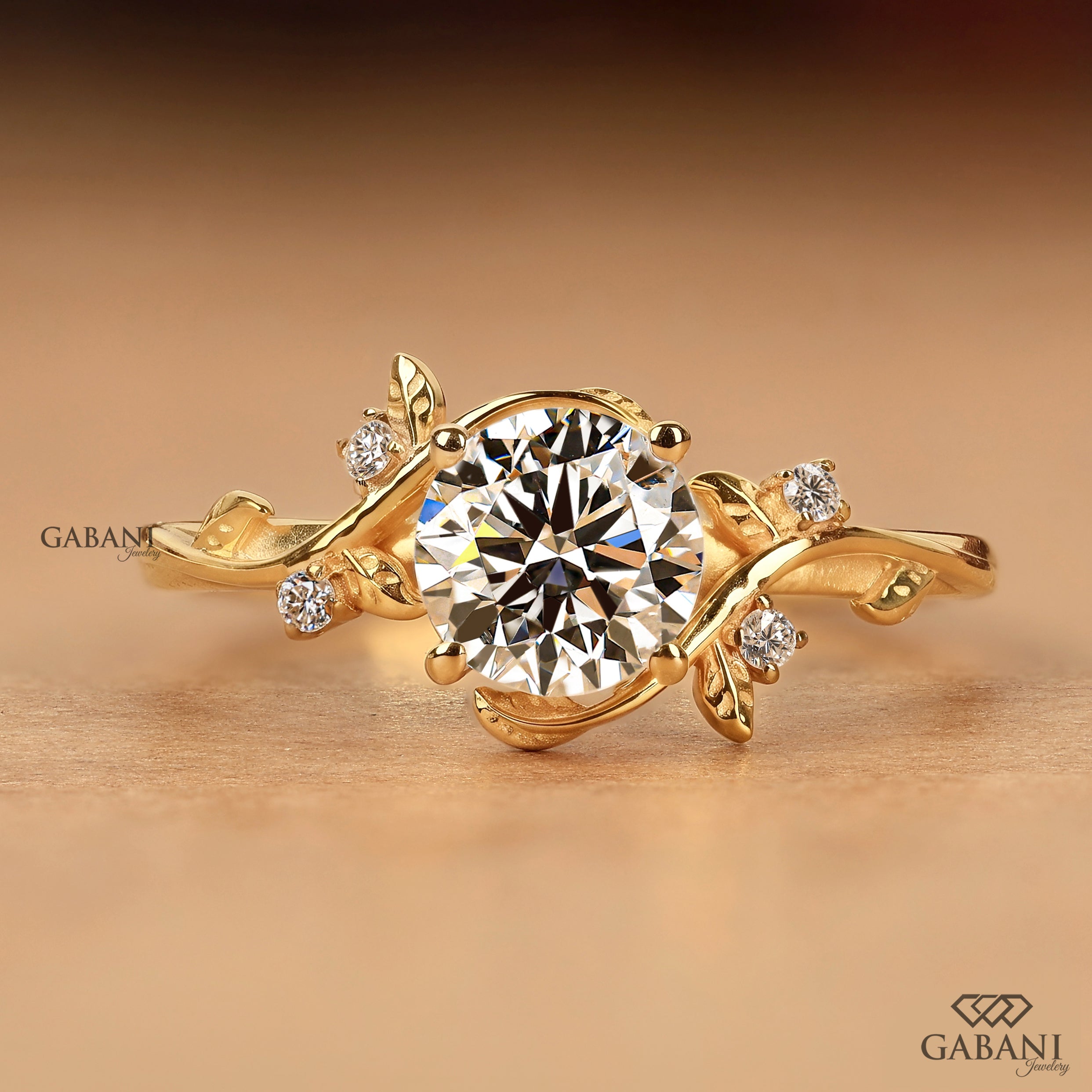 Round cut lab grown diamond vine leaf engagement ring