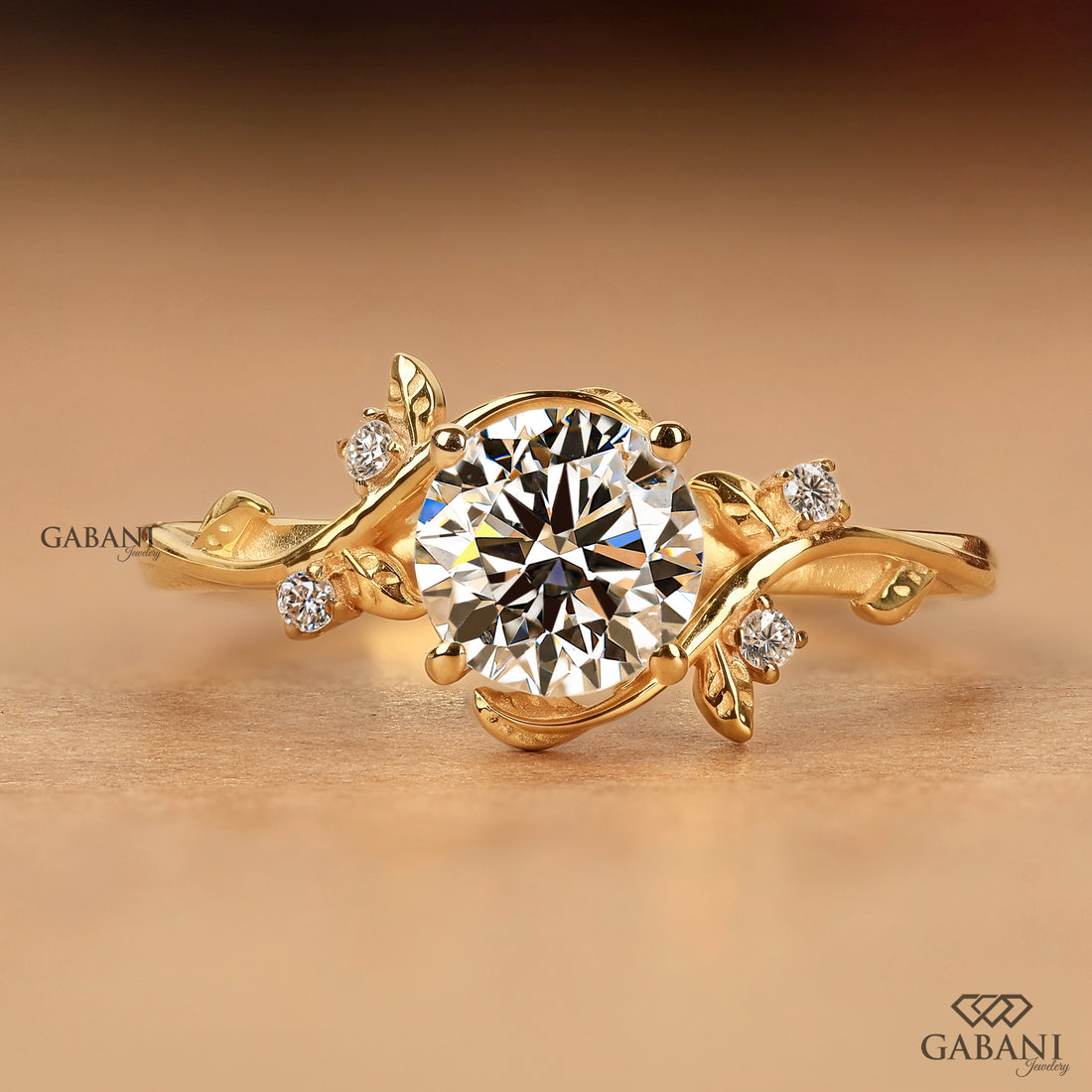 Round cut lab grown diamond vine leaf engagement ring