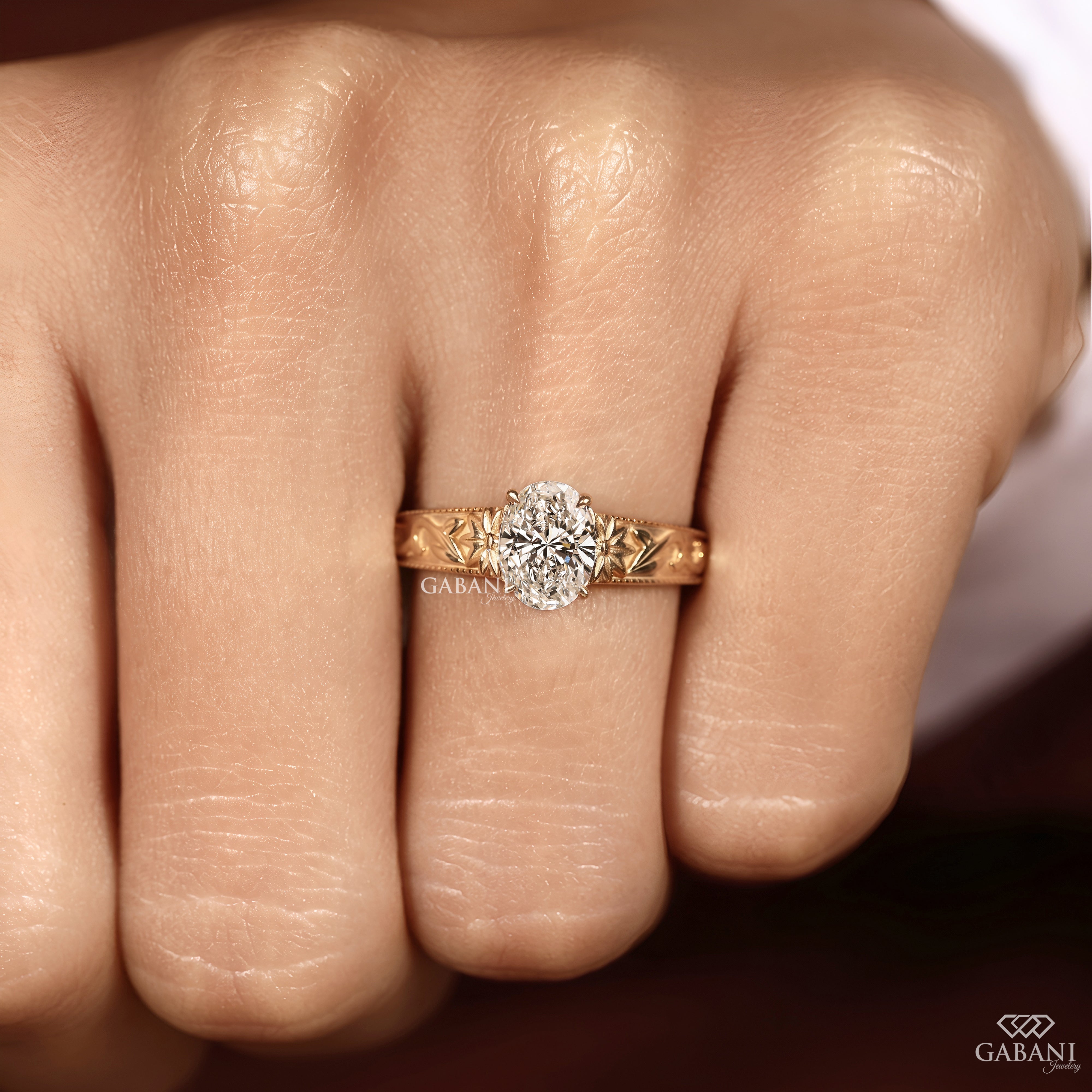 IGI certified oval cut lab grown diamond ring with a leaf inspired shank