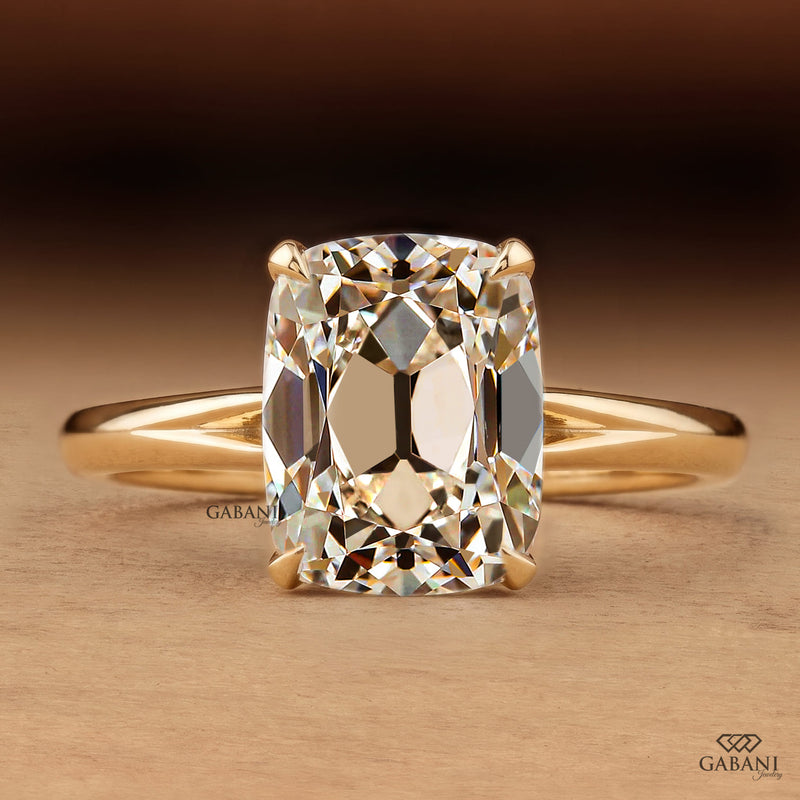 Old Mine Cushion Cut Lab Grown Diamond Engagement Ring, Hidden Halo in 14K Yellow Gold