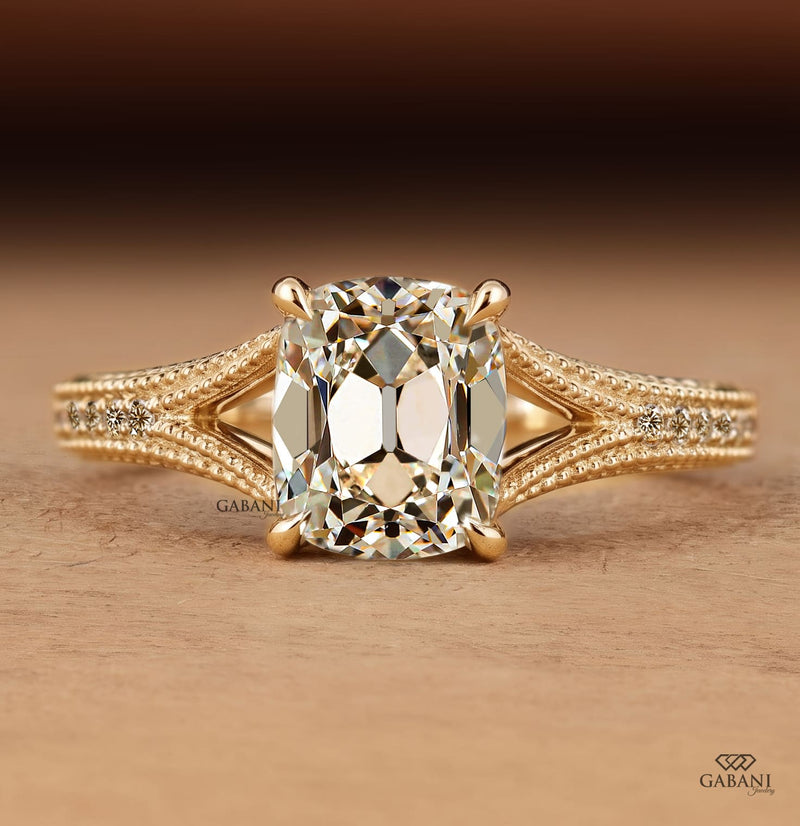 Old Mine Cushion Cut Lab Grown Diamond Engagement Ring, Split Shank Milgrain Ring
