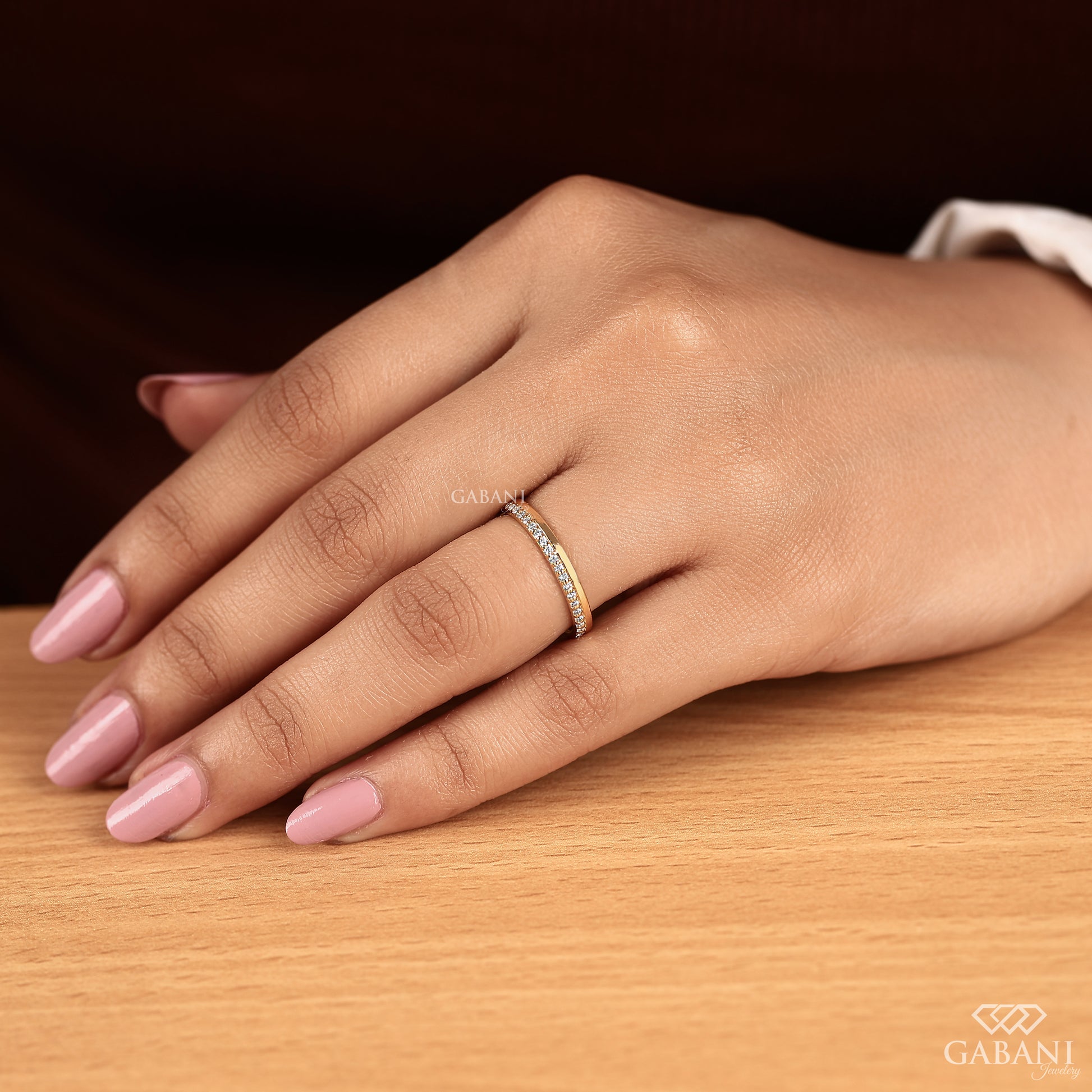 half eternity gold band with lab grown diamond pave detail