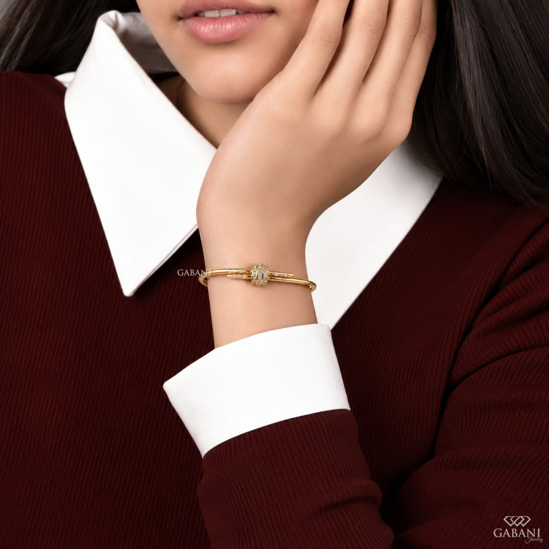 Round lab grown diamond open bangle bracelet in 14K yellow gold featuring three pavé diamond-set circles, delicate round diamond accents and a polished gold finish by Gabani Jewelry.