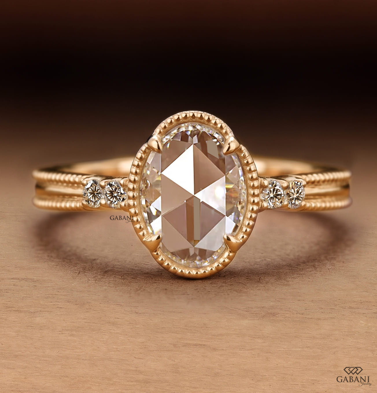 Oval rose cut lab grown diamond engagement ring with round side diamonds, vintage milgrain detailing and split shank design.