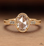 Oval Rose Cut Lab Grown Diamond Engagement Ring, Vintage Milgrain Side Stone Ring in 14K Gold