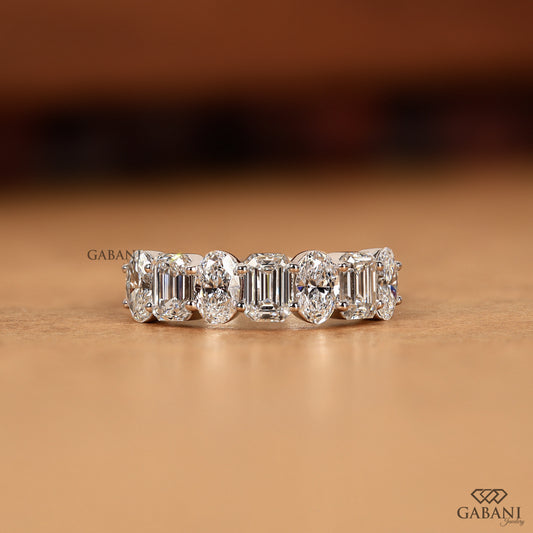 oval and emerald cut lab grown diamond half eternity wedding band in solid white gold