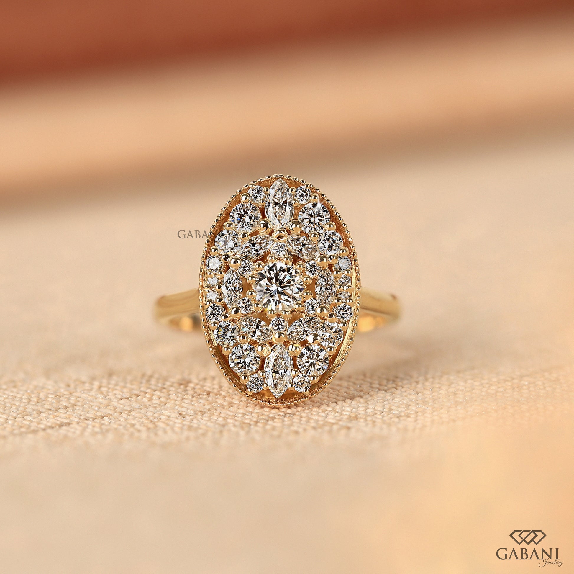 Oval mosaic lab grown diamond ring in 14k yellow gold
