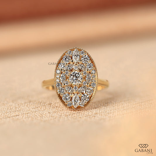 Oval mosaic lab grown diamond ring in 14k yellow gold
