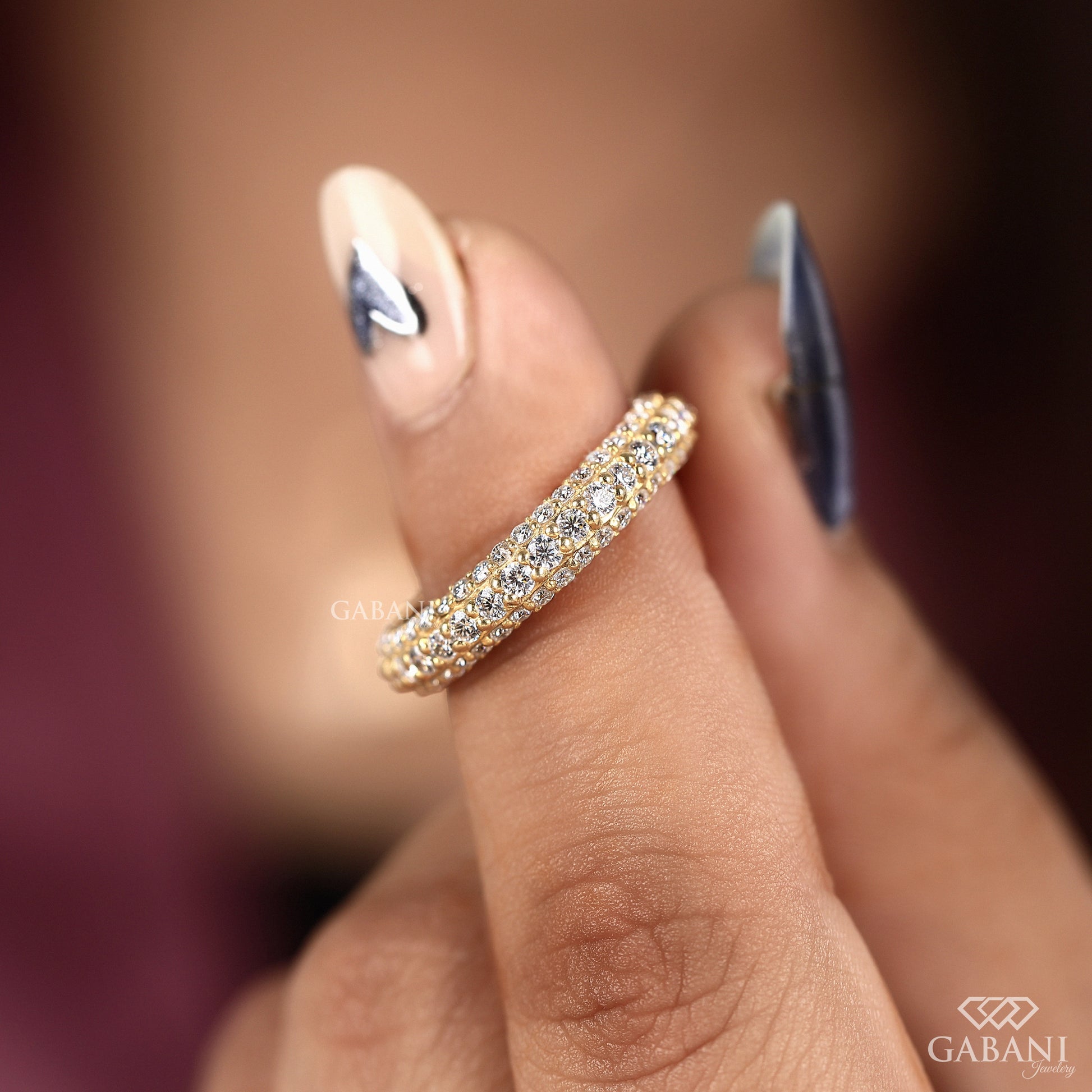 Three row lab grown diamond band with a bold pave setting made for everyday wear or ring matching