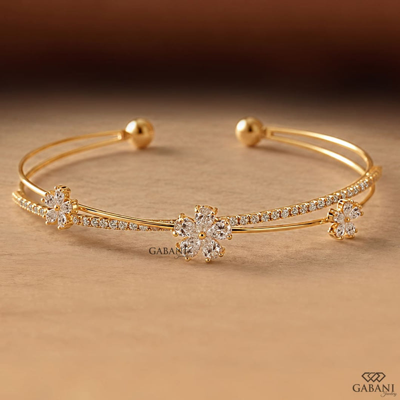 Pear Cut Floral Diamond Open Cuff Bangle Bracelet in Yellow Gold