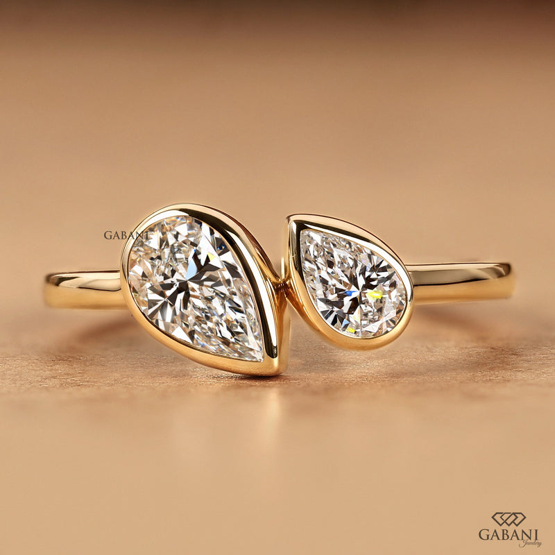 Toi et Moi Engagement Ring - Bezel set Pear cut Diamonds