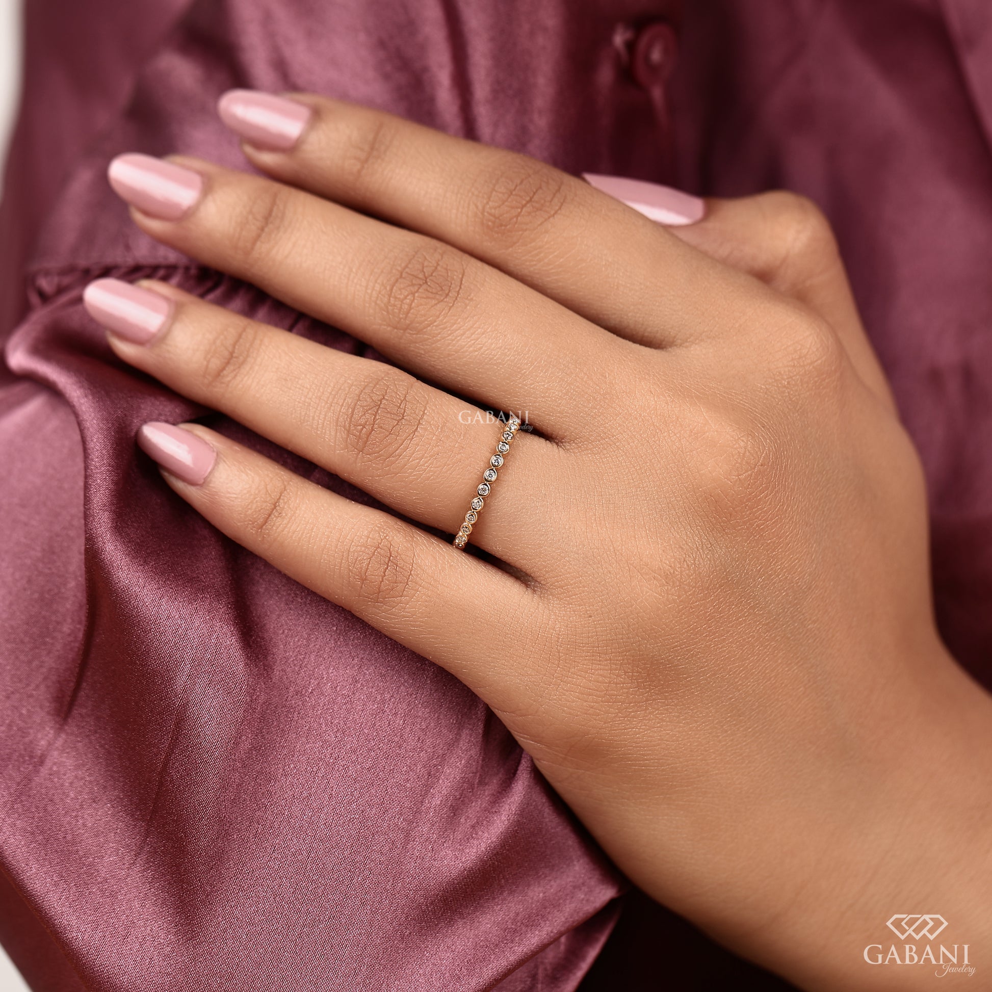 dainty lab grown diamond bezel set band in gold, minimal thin wedding ring for everyday use