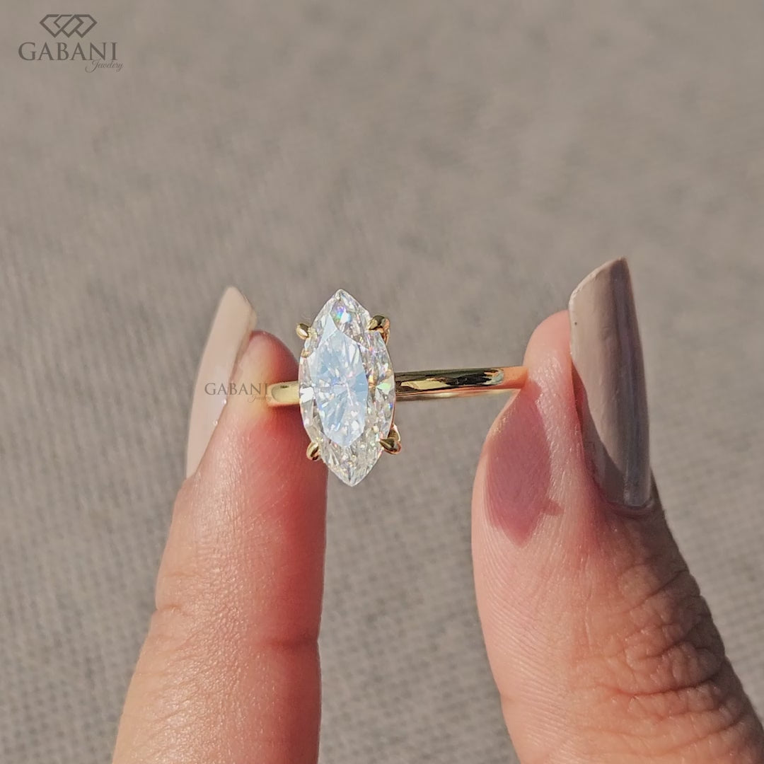 gabani jewelry marquise cut lab grown diamond solitaire ring with secure prong setting in gold