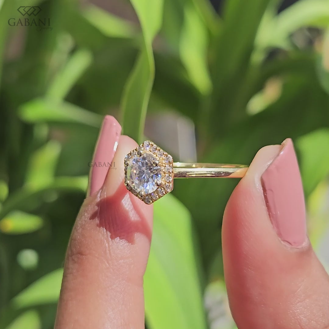 Round Cut Diamond Hexagon Halo Engagement Ring in Yellow Gold