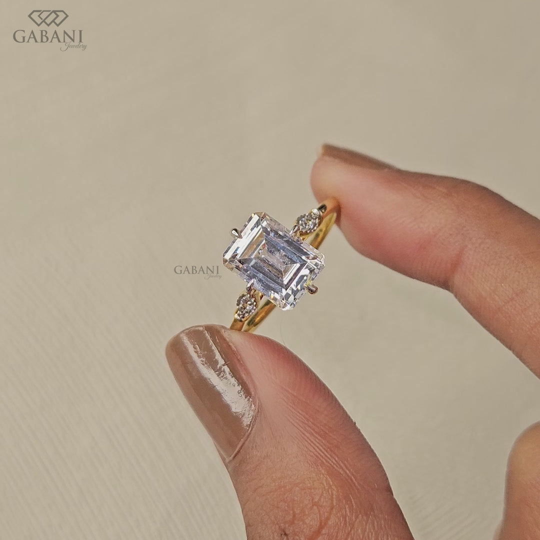 Emerald Cut Lab Grown Diamond Engagement Ring with Side Stones