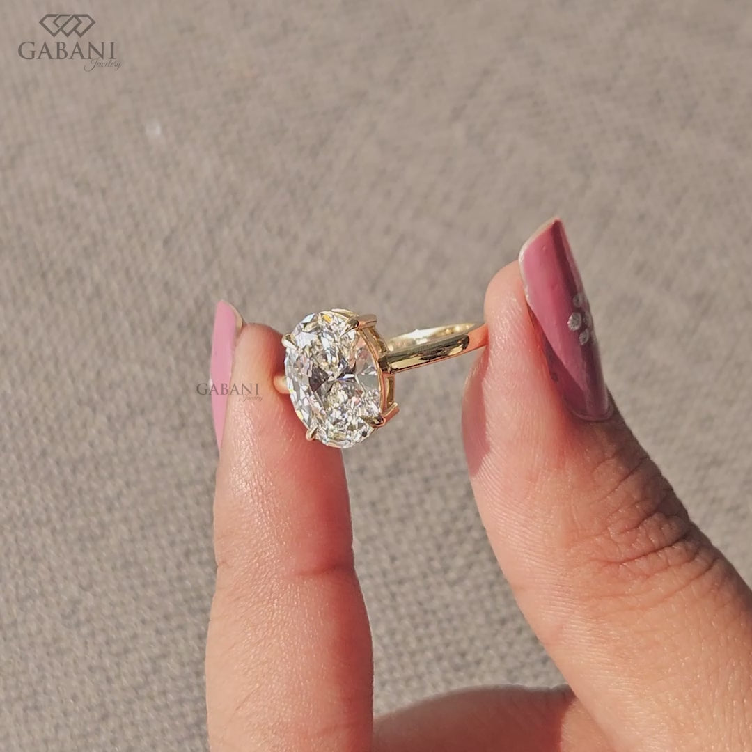 large oval lab diamond ring with basket setting
