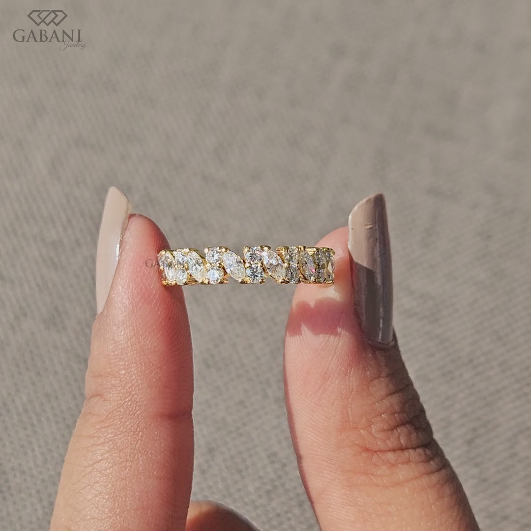 marquise and round lab grown diamond half eternity band in yellow gold with a modern prong set design