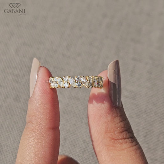 marquise and round lab grown diamond half eternity band in yellow gold with a modern prong set design