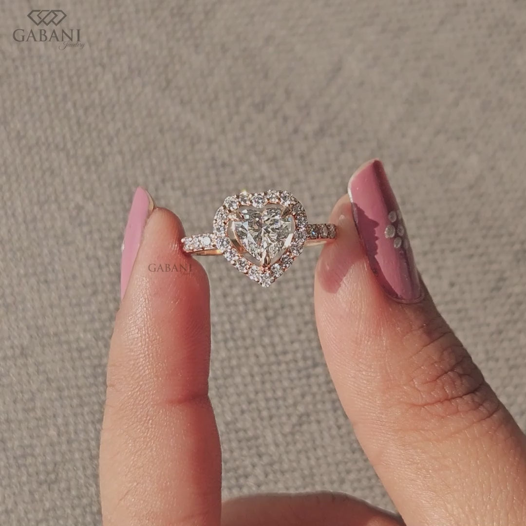 made by Gabani Jewelry heart shaped lab grown diamond ring with halo design in rose gold