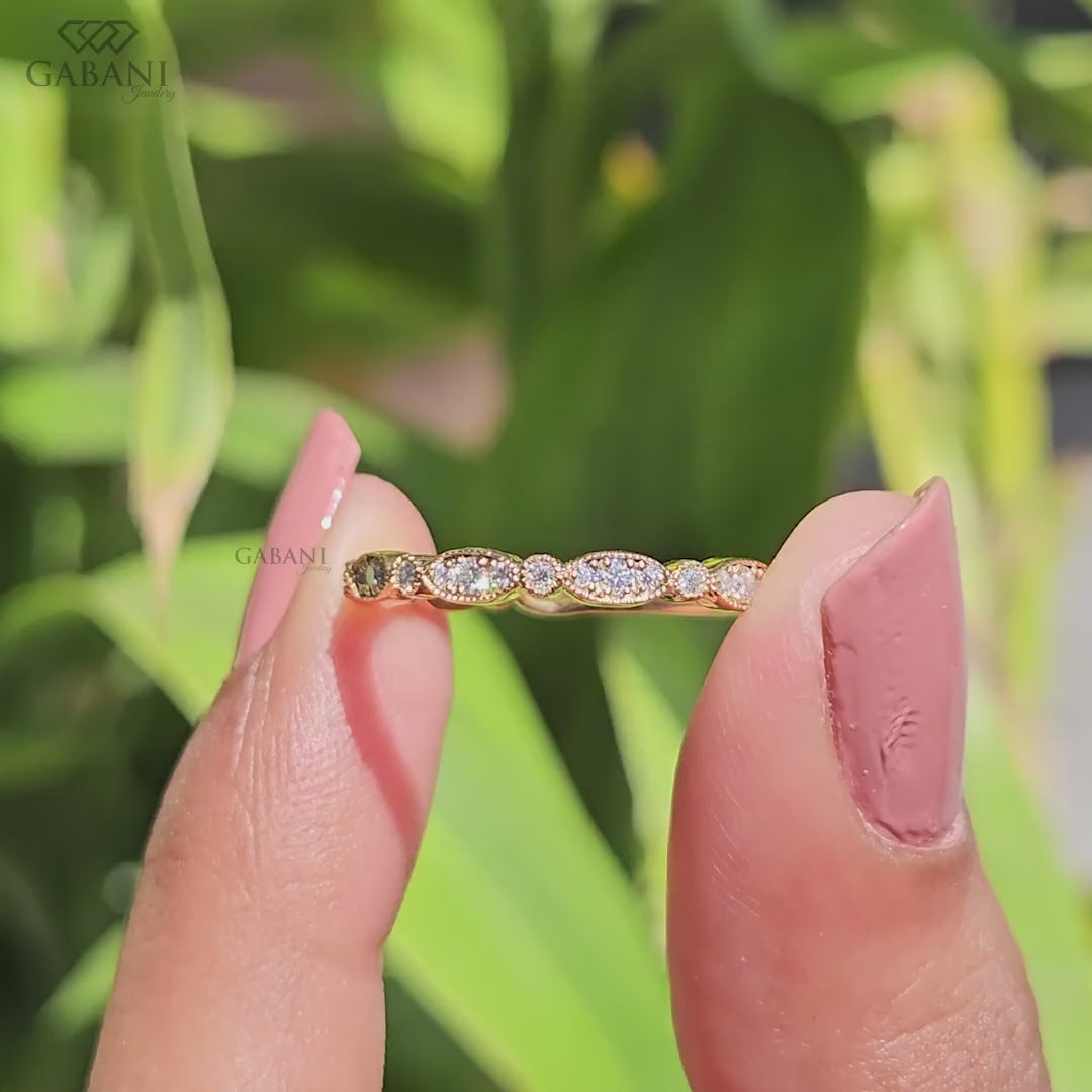 Round Cut Lab Grown Diamond Wedding Band, Vintage Milgrain Cluster Band