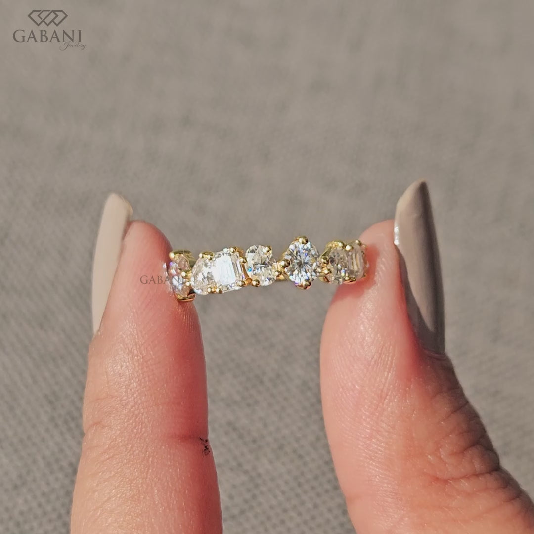 yellow gold wedding ring with mixed shape lab diamonds