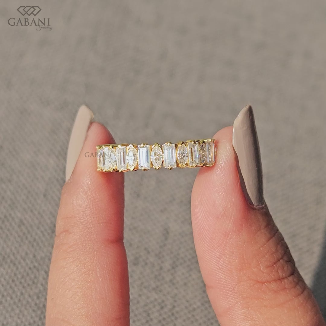 Baguette and marquise cut lab grown diamond half eternity band in gold