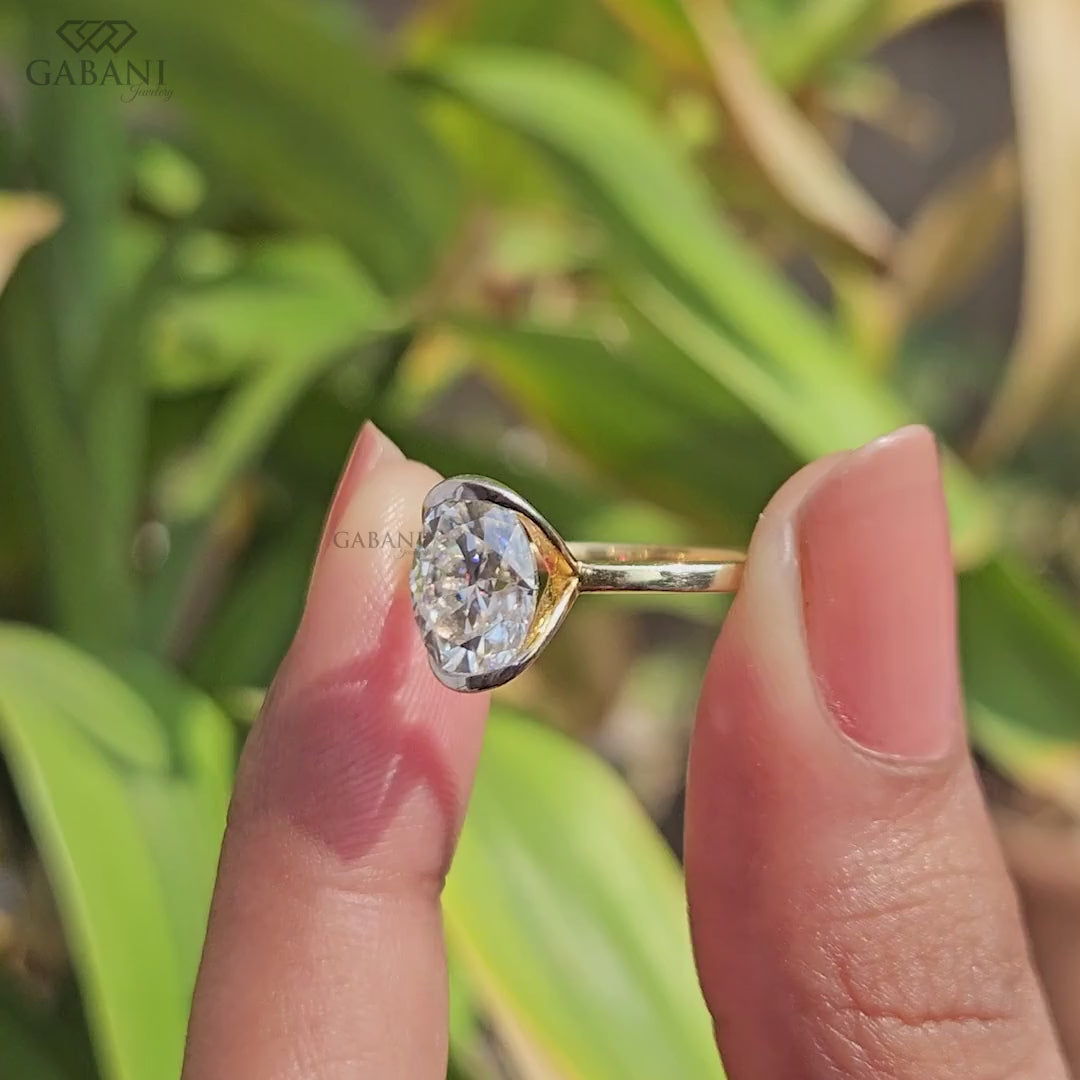 Oval Cut Lab Grown Diamond Half Bezel Solitaire Engagement Ring