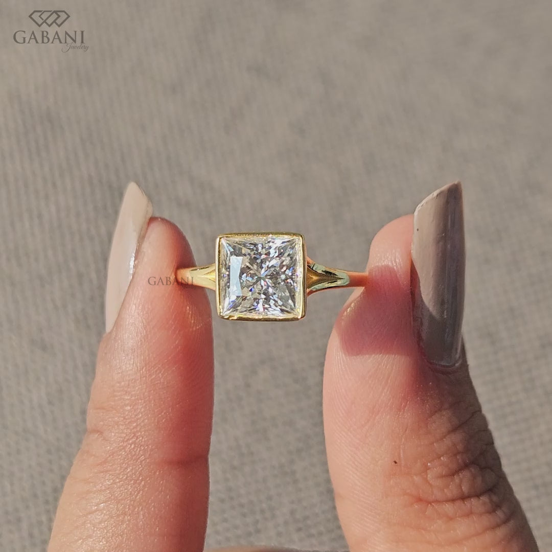 Princess Cut Lab Grown Diamond Bezel Engagement Ring in 18K Yellow Gold