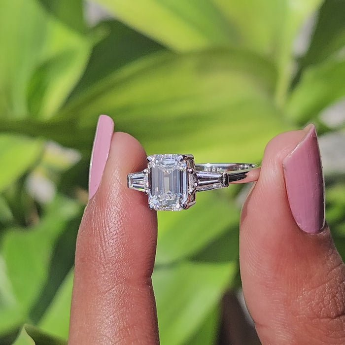 Three stone emerald cut lab grown diamond ring in white gold by Gabani Jewelry