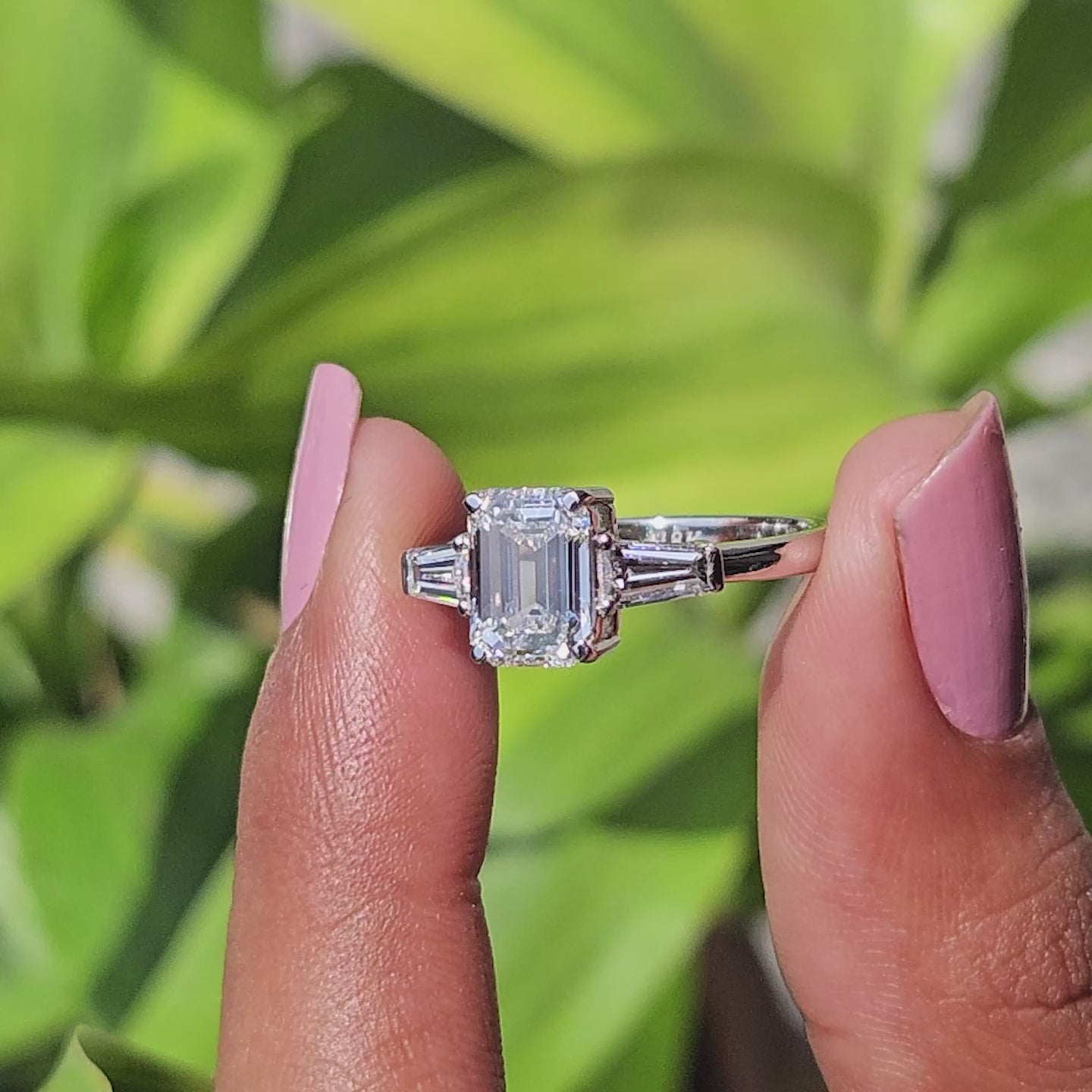 Three stone emerald cut lab grown diamond ring in white gold by Gabani Jewelry