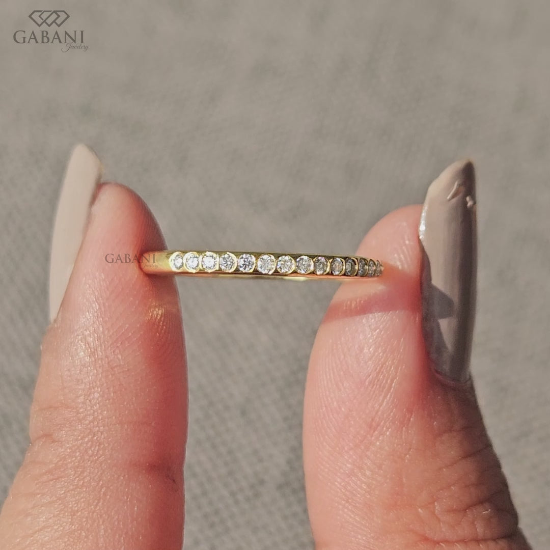 dainty lab grown diamond half eternity ring in smooth 14k gold with low profile setting