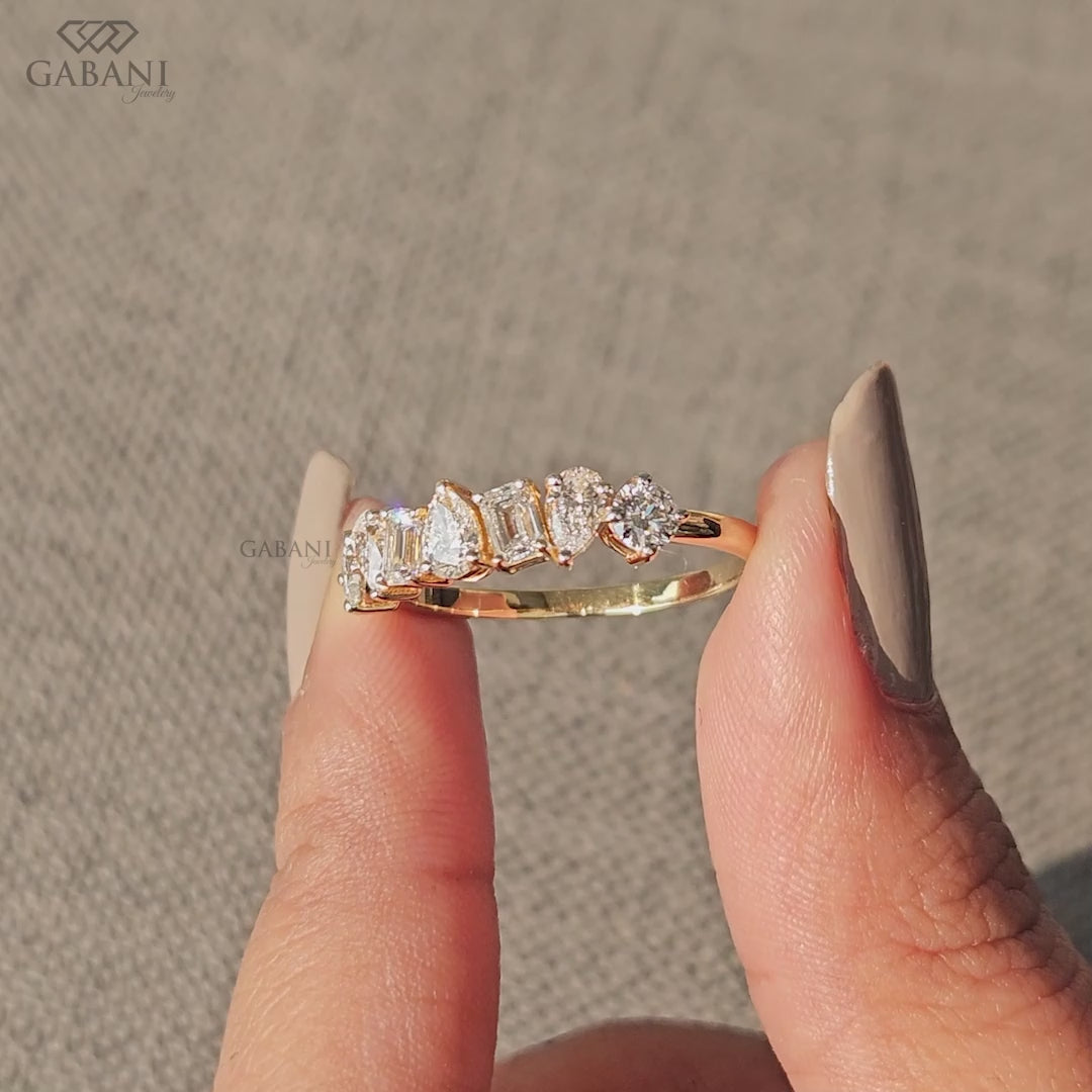 Half eternity wedding band with multi shape lab grown diamonds in yellow gold